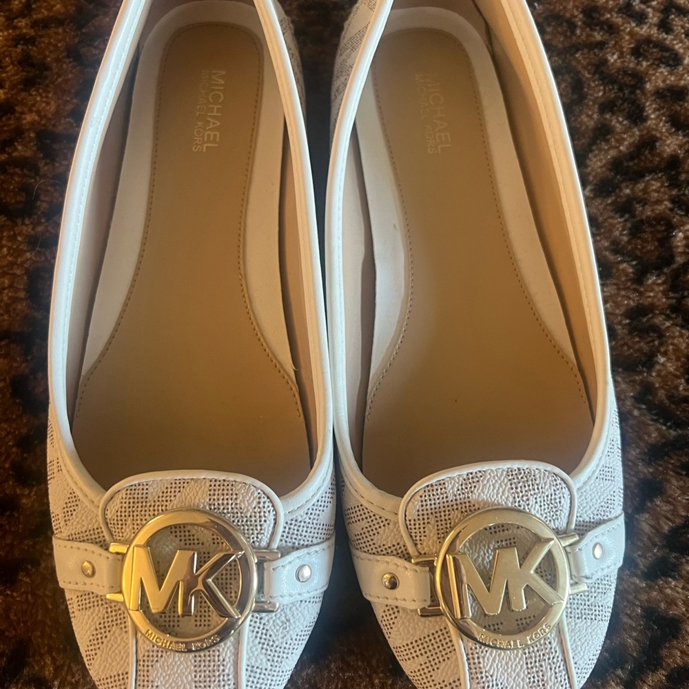 Michael Kors White Flats with Gold Accents